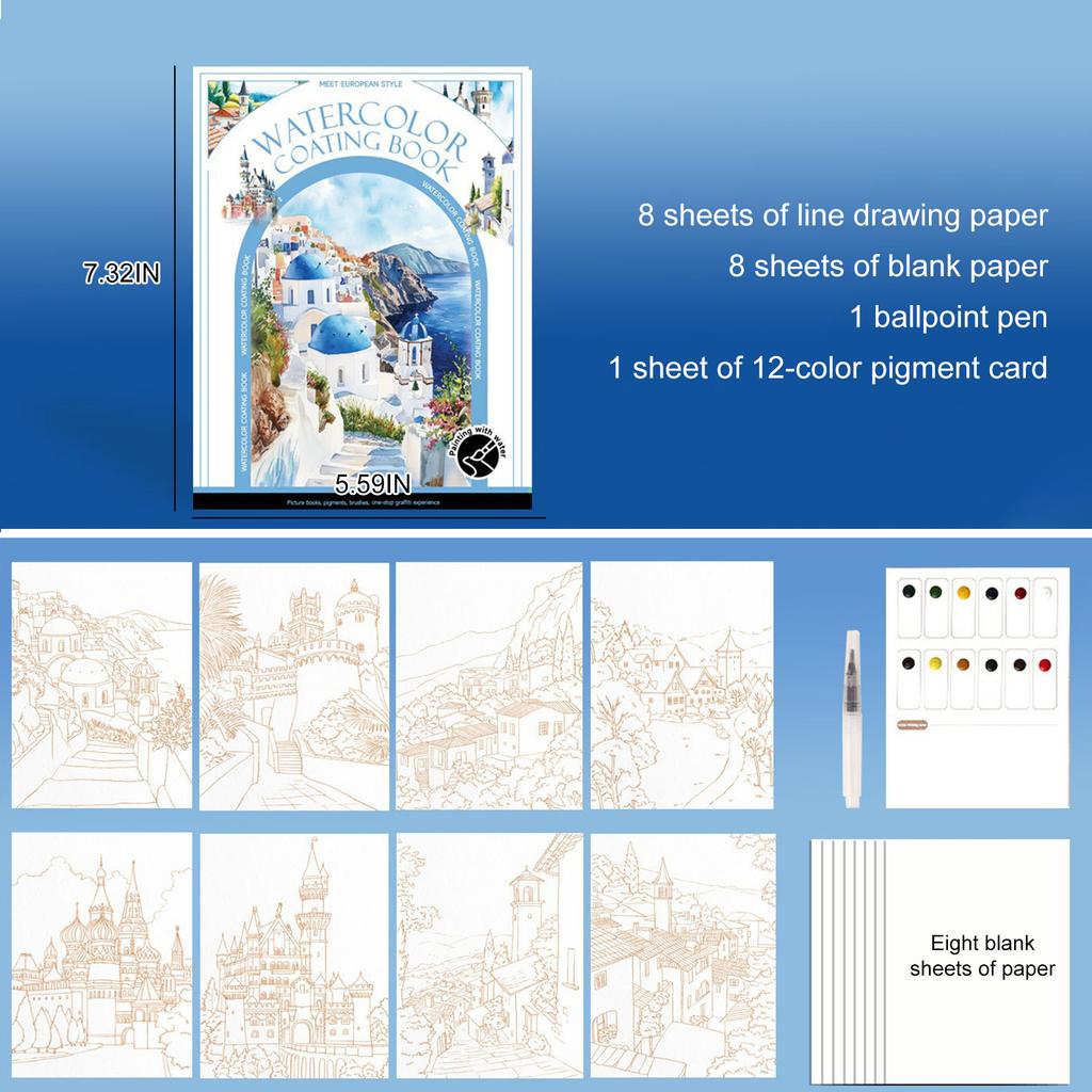 Watercolor Coloring Book with 12 Colors Paint Cakes and Brush Water Color Paper Book Paint Set Watercolor Painting Beginners Set