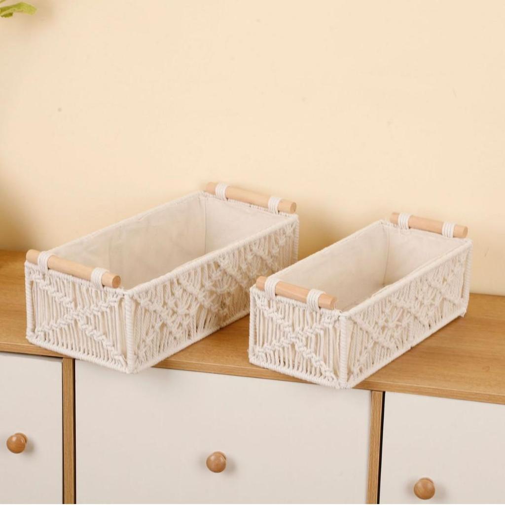 Hand-Woven Bohemian Nordic Cotton Rope Basket: Desktop Organizer, Cosmetics Holder, Flower & Fruit Basket, and Tissue Box.