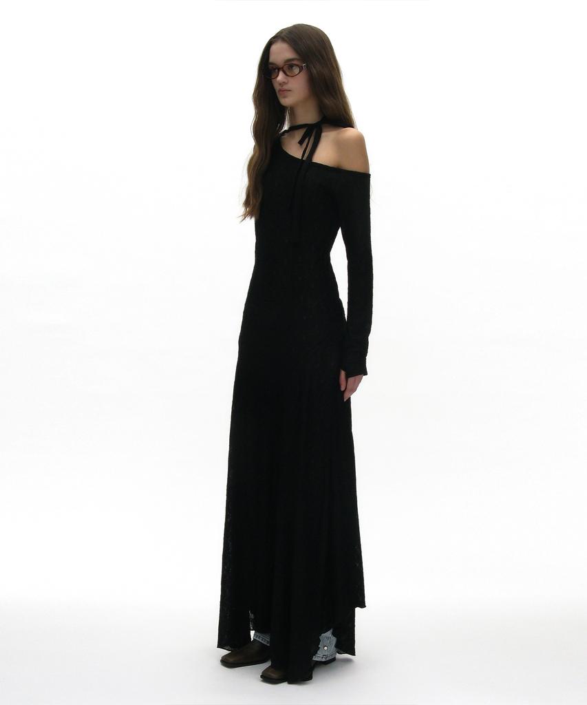 Partimento Woman Sheer Lace Tie-Neck Maxi Dress_Black