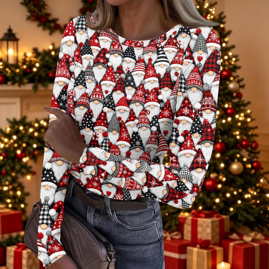 Women's Casual Christmas Print Long Sleeve Top for Holiday Party and Everyday Wear