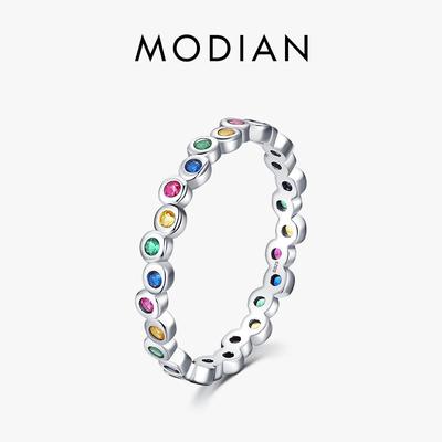 Modian 925 Sterling Silver Fashion Rainbow Colorful Zirconia Finger Ring For Women Luxury Sparkling CZ Fine Jewelry Gift