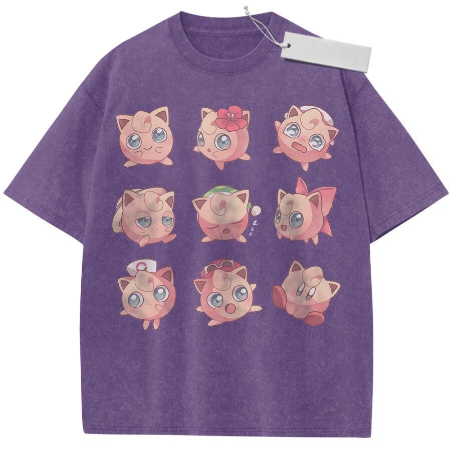 Unisex Washed Pink Vintage Tshirt Pokemon Jigglypuff Emoji Highquality Fabric for Home Leisure Travel Shopping