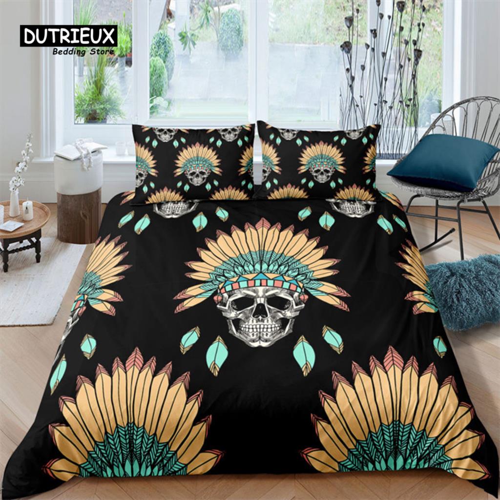 Colorful Sugar Skull Skeleton Quilt Cover Gothic Skull Bedding Set Queen Size Microfiber Horror Theme Feather Black Duvet Cover