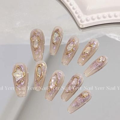 100% HANDMADE Fake Nail Set With Glue Mermaid Shell Colorful Light Pink Gentle Phototherapy Nails Reusable and Removable Nails