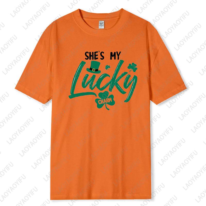 My Lucky Charm His and Hers Matching Unisex Cotton Tshirts Fun Couples Outfit St Patricks Day Tops Husband Wife Lovers Clothes