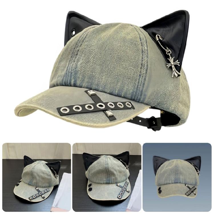 2000s Ripped Baseball Hat Breathable Adjustable Punk 3D Cats Ear Dancing Hat For Women Everyday and Music Festival Wear