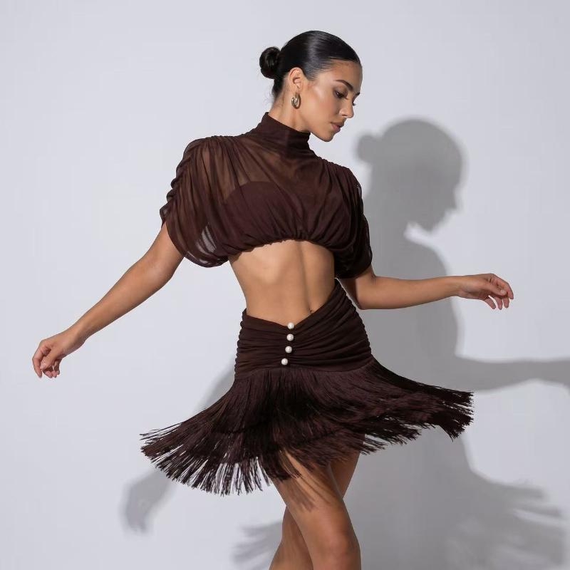 Abito Latino da Ballo per Adulti da Donna Set con Top in Rete e Seta Gonne con Frange Sasha Professionale Costumi per Pratica Esibizione Cha-Cha Samba