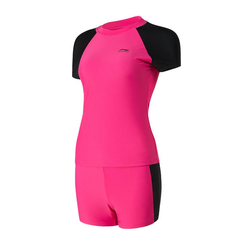 Li Ning Solid Color Round Neck Short Sleeve Flat Angle Swimsuit Women swimsuit Pink Black LSYR395-3