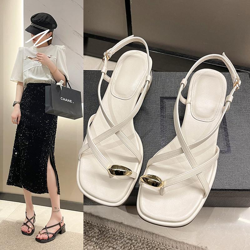 Fashion Summer New Thick Heel Sandals Women's Fashion Square Head Cover Toe Metal Buckle Anti-slip Wear-resistant High Heels