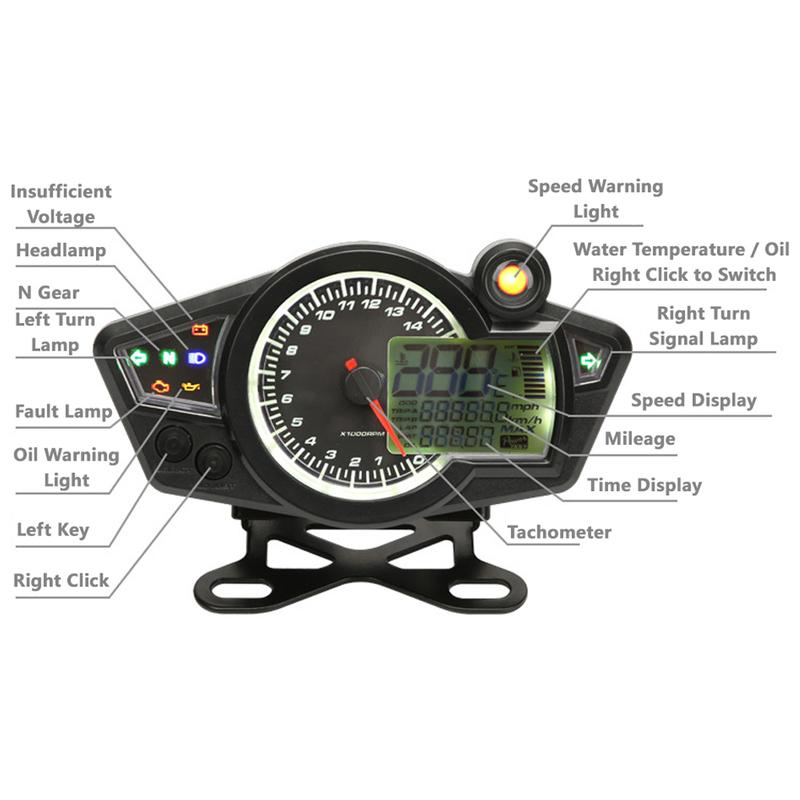 Universal LCD Digital Motorcycle Odometer Speedometer Tachometer Meter Motorbike Moto Dashboard 12V 0-14000 RPM