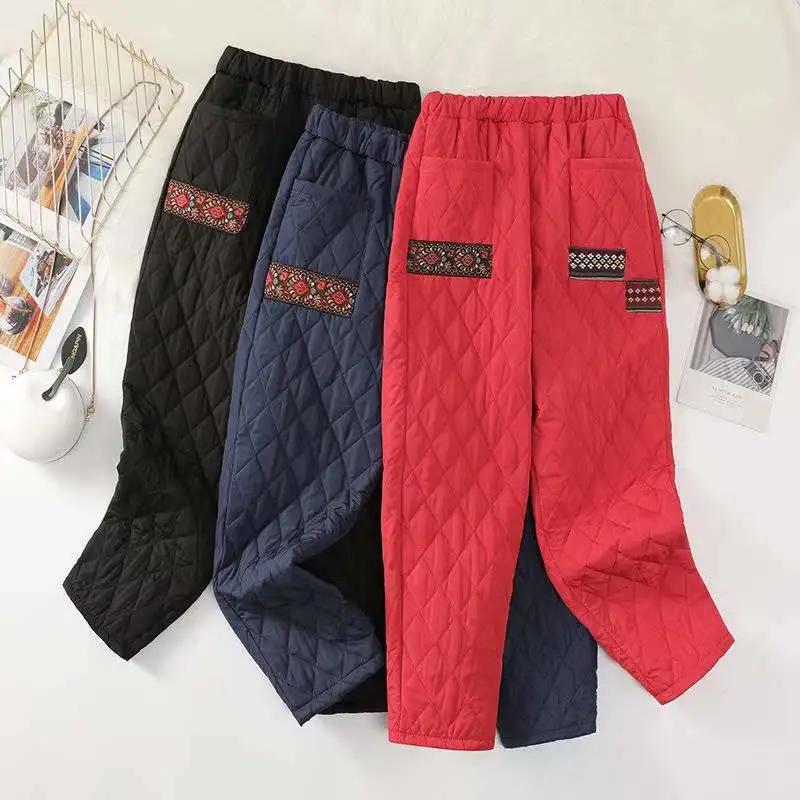 Kosočtvercové Imitace Prachového Peří Hedvábné Bavlněné Kalhoty Retro Záplata Harémové Kalhoty Ženy