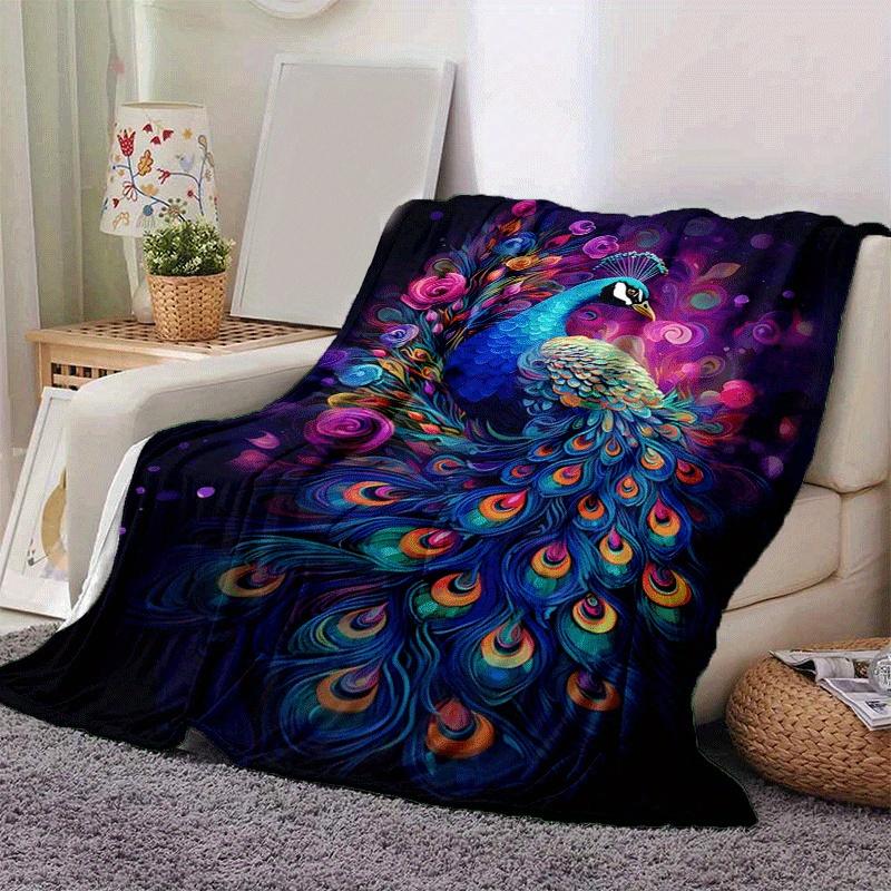 1pc Colorful Peacock Printing Lightweight Flannel Blanket, Comfortable and Warm Blanket, for Camping Sofa Bed and Couch Office, Gift