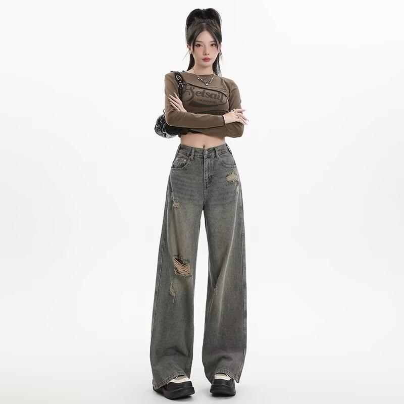 Damen 2024 Vintage High-Waisted Ripped Straight-Leg Jeans - Sommer Schlankmachende Weitbein-Passform