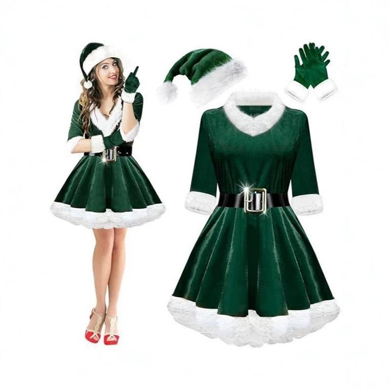 Women's Mrs. Claus Christmas Costume 4-Piece Set, Green Velvet Santa Dress With Hat Gloves Belt, Holiday Party Cosplay Outfit