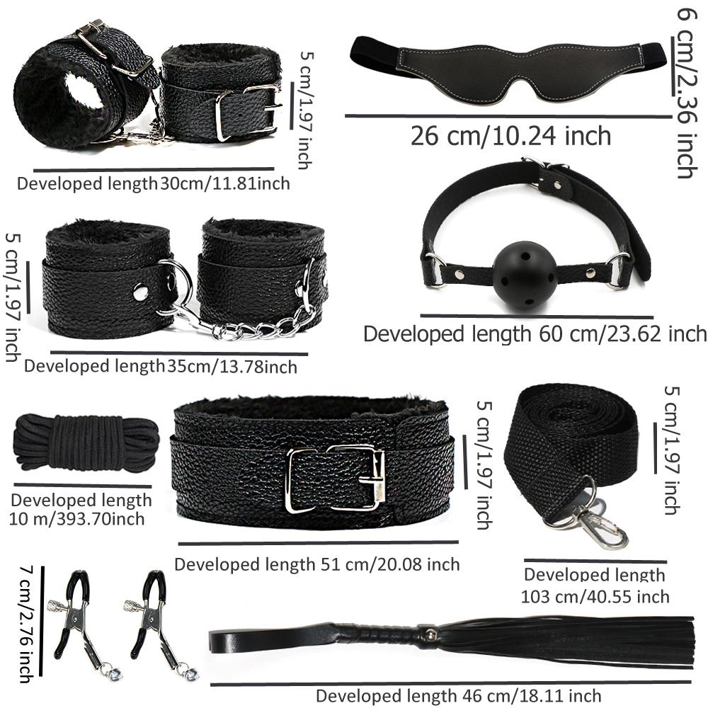 8pcs SM Sex Toy Set, Couple Sex Toys, Collars and Leashes, Handcuffs, Ankle Cuffs, Whips, Mouth Balls, Eye Masks, 10 Meter Rope, Nipple Clip Props