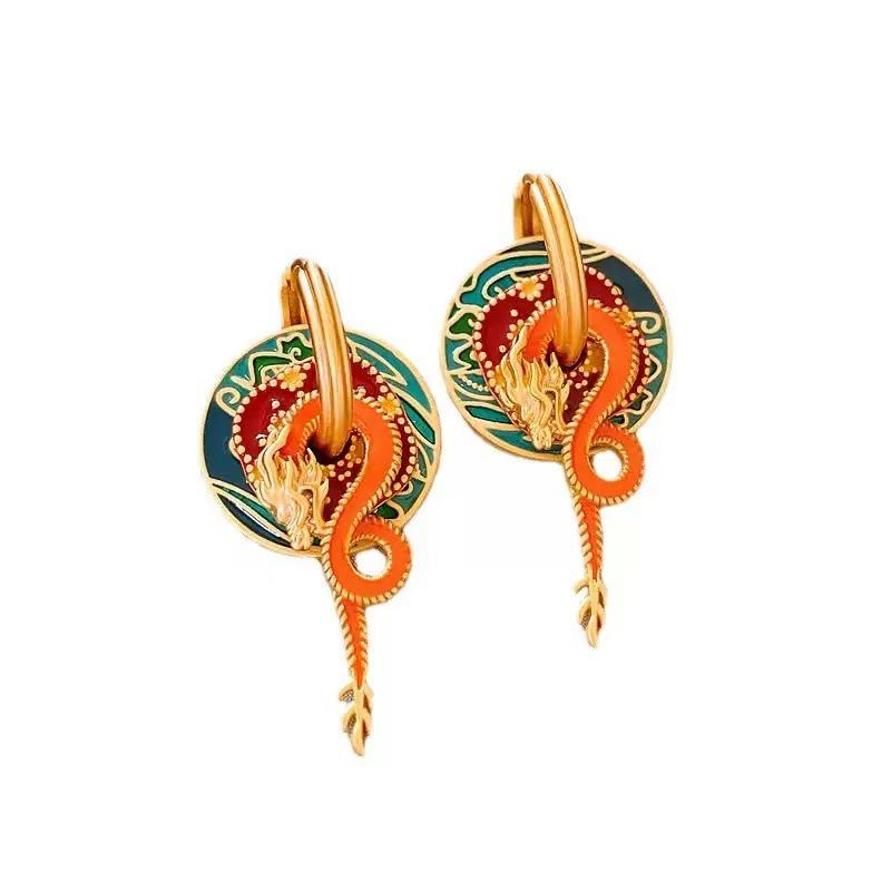 Chinese Dragon Pattern Enamel Dangle Earrings: Retro Palace Style, Multi-wearable Drip Glaze Earrings for Women