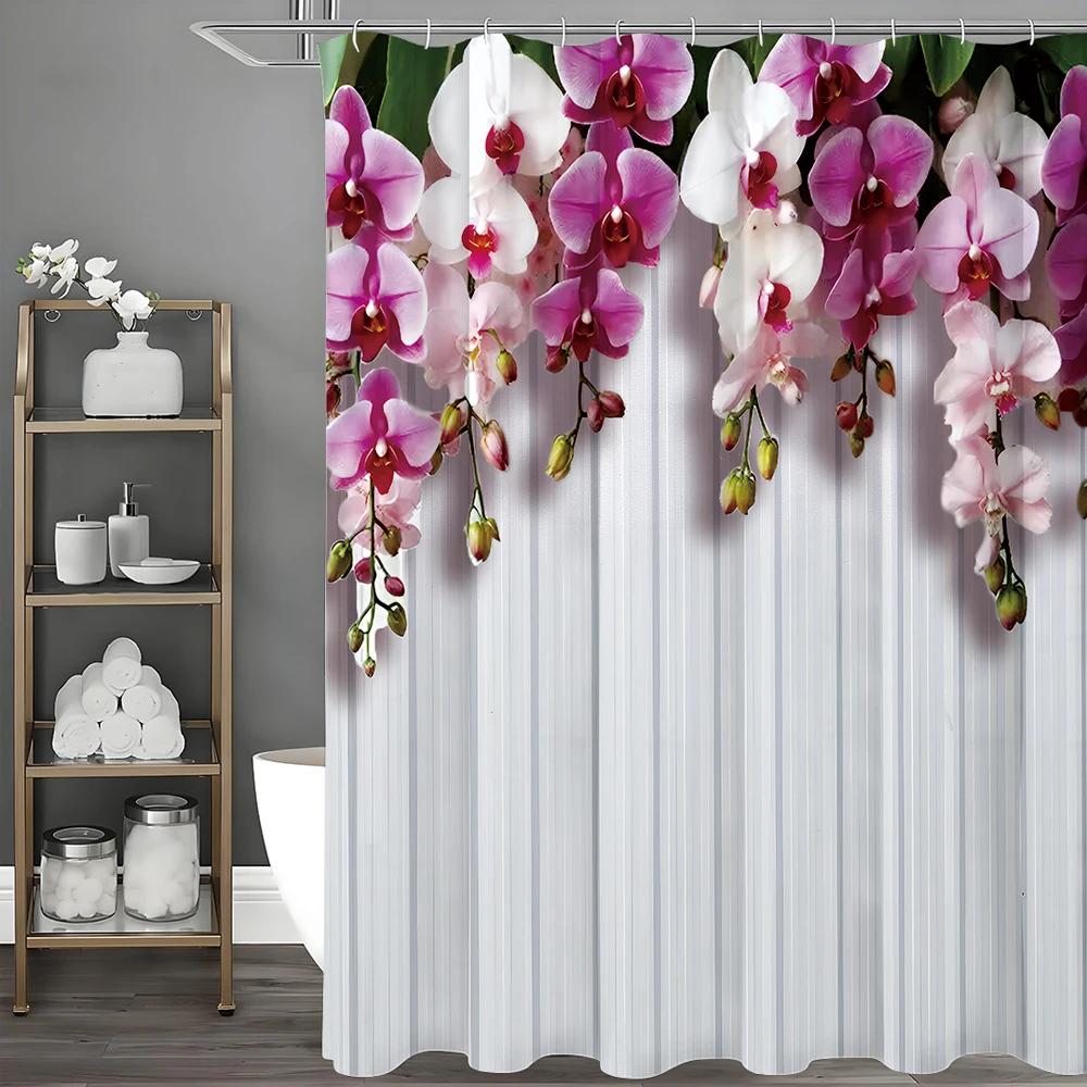 Purple Floral White Wall Shower Curtain, Bathroom Decorative Shower Curtain, Waterproof Shower Curtain with Hooks