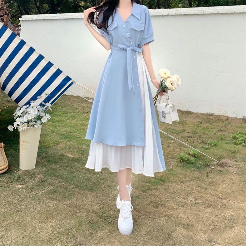 Women's Summer V-Neck Maternity Shirt Dress - French Style, Waist-Cinching, Two-Piece Look