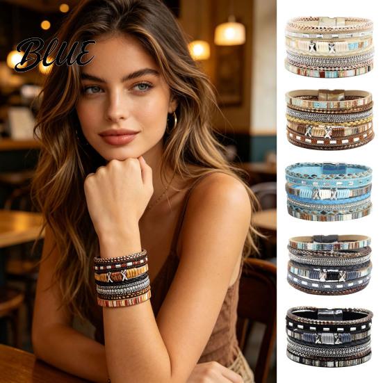 Bohemian Bracelet Braided Multi-Layered Faux Leather Rope Casual with Square