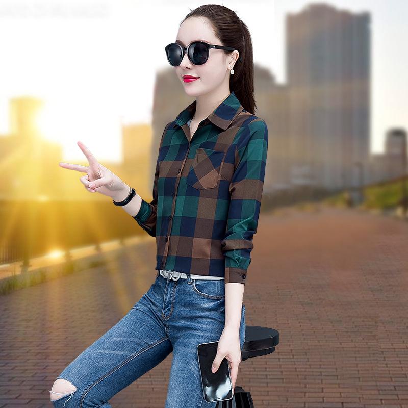 2025 Women's Korean Style Plaid Slimming Shirt - Casual Long Sleeve Print for Spring & Autumn Students