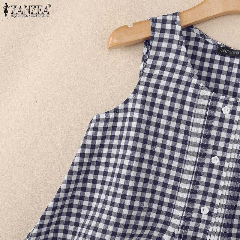 ZANZEA Women Summer Round Neck Casual Sleeveless Plaid Tank Tops