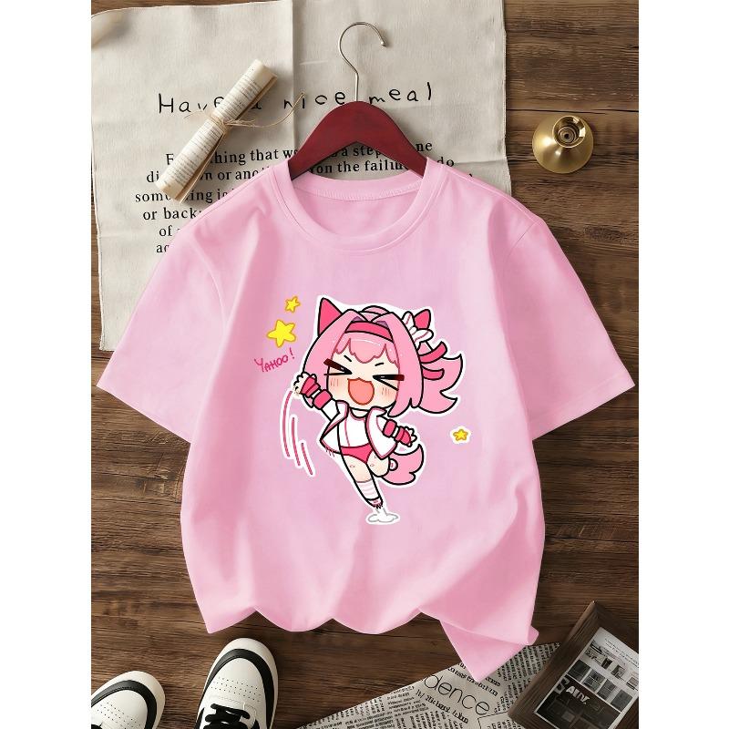 European Sizes Girls' Summer KPOP Girl Group Cartoon Style Short Sleeve T-Shirt, Cute Idol Fashion Print, Breathable And Non-Stuffy Clothing