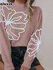 Herbst Winter Neuer Gestrickter Pullover für Damen mit Stickerei und Dreidimensionaler Blume Hoher Kragen Pullover Langarm