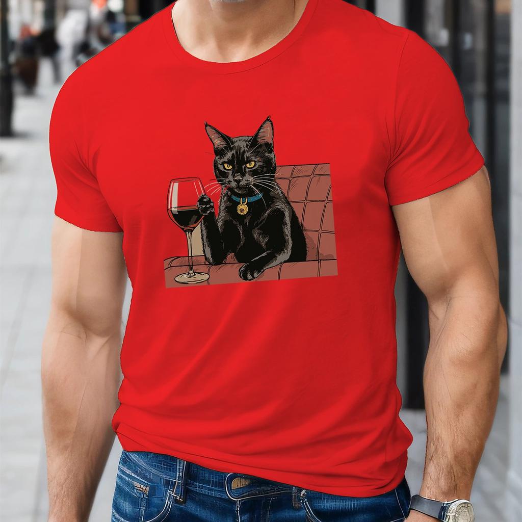 Black Cat Drinking Wine Graphic TShirt Mens Casual Cotton Crew Neck Summer Tee