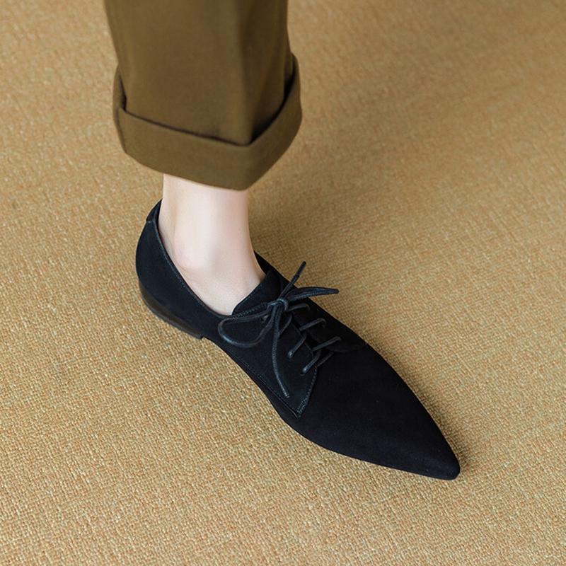 Fashion NEW Spring/Autumn Women Pumps Sheep Suede Leather Shoes for Women Pointed Toe Low Heel Shoes Casual Black Lace-up Handmade Shoes