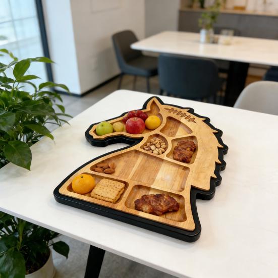 Wooden Horse Shaped Food Platter Rustic Tray Farmhouse Charcuterie Horse Head Serving with Multiple Board Compartments for Cheese