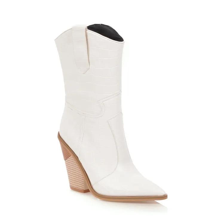 Black Yellow White Knee High Boots Western Cowboy Boots for Women Long Winter Boots Pointed Toe Cowgirl wedges Motorcycle Boots