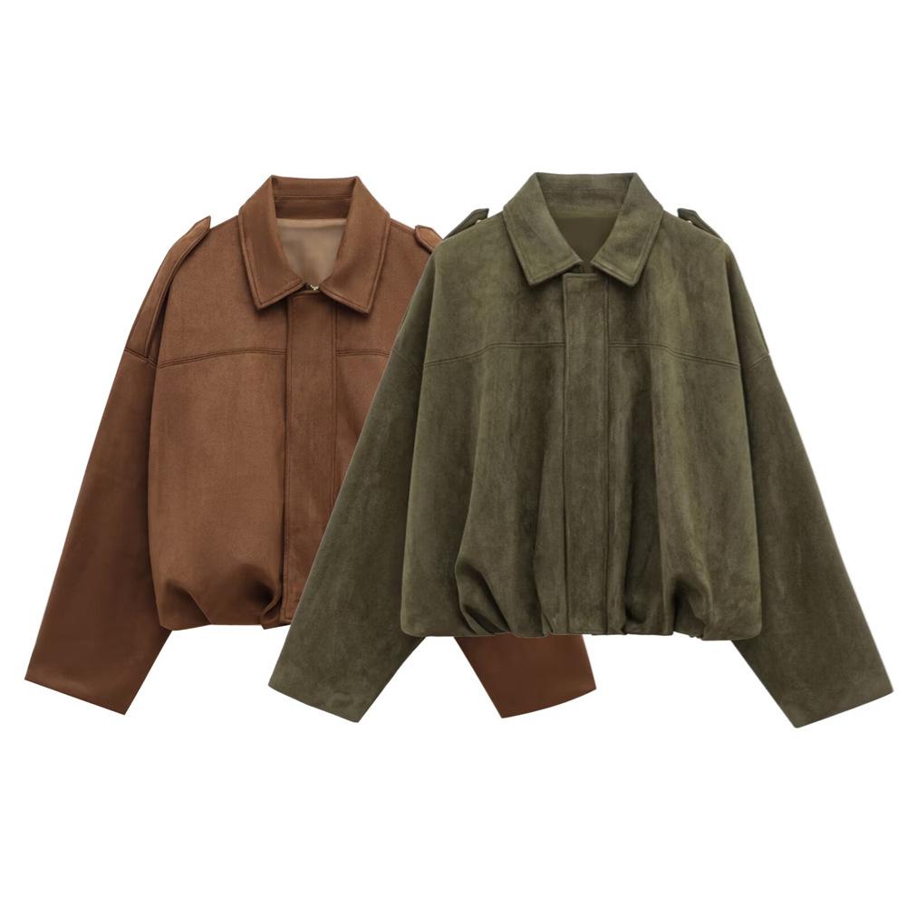 

2025 Spring/Summer Women s Suede Lapel Bomber Jacket Large