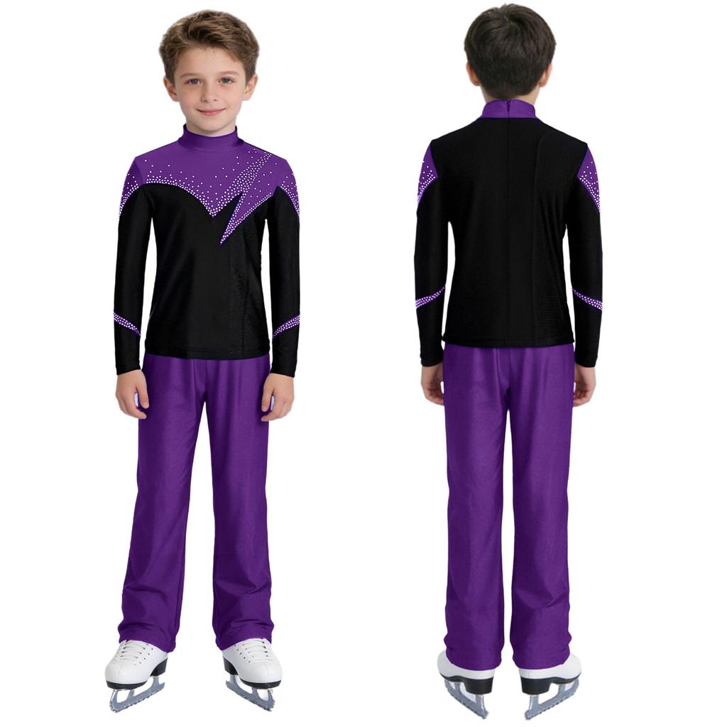 Kids Boys Figure Skating Outfit Mock Neck Long Sleeve Back Invisible Zipper Color Block Shiny Rhinestones Top with Elastic Waistband Pants Competition