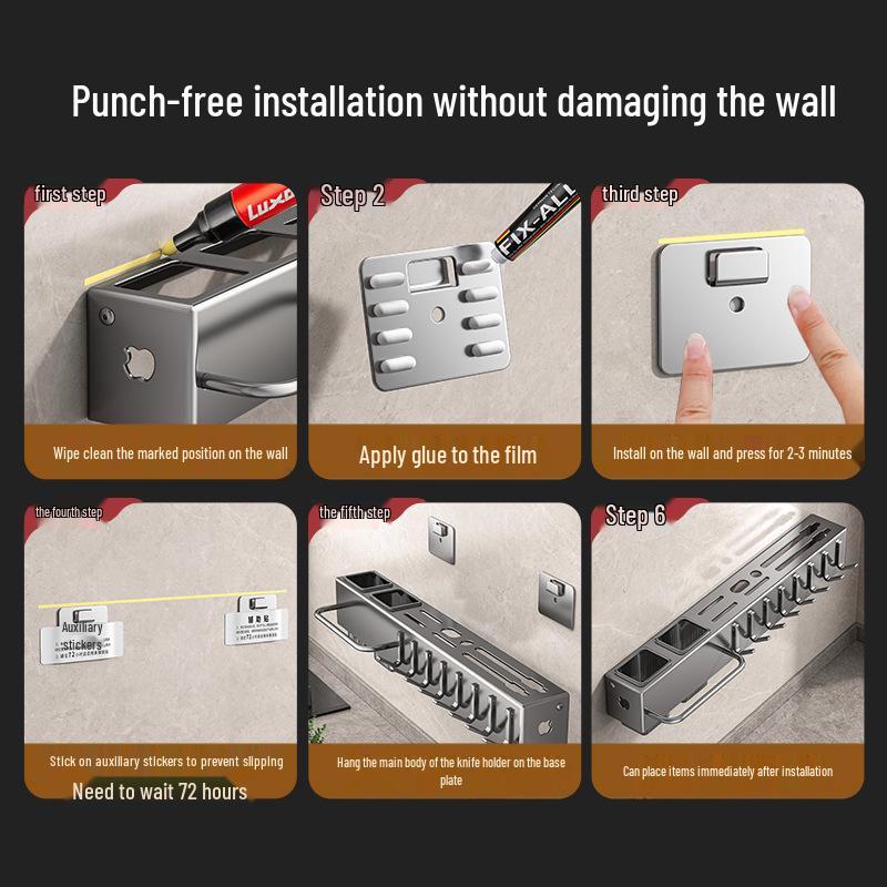 Suport de perete fără găuri pentru cuțite și ustensile cu suport pentru bețișoare