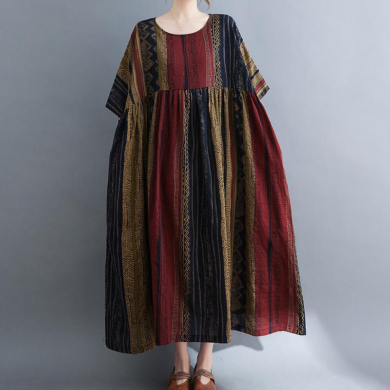 Summer Cotton Hemp Artistic Large Size Loose Stripe Printed Medium To Long Short Sleeve Dress for Women Casual Dresses