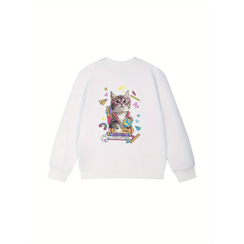 Kids Crewneck Long Sleeve Sweatshirt, Studying Little Cat Print, Sports Casual Tops
