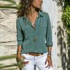 Womens Fashion V Neck Shirts Long Sleeve Tops Pockets Design Blusas Turn Down Collar Shirts Solid Colors Femininas