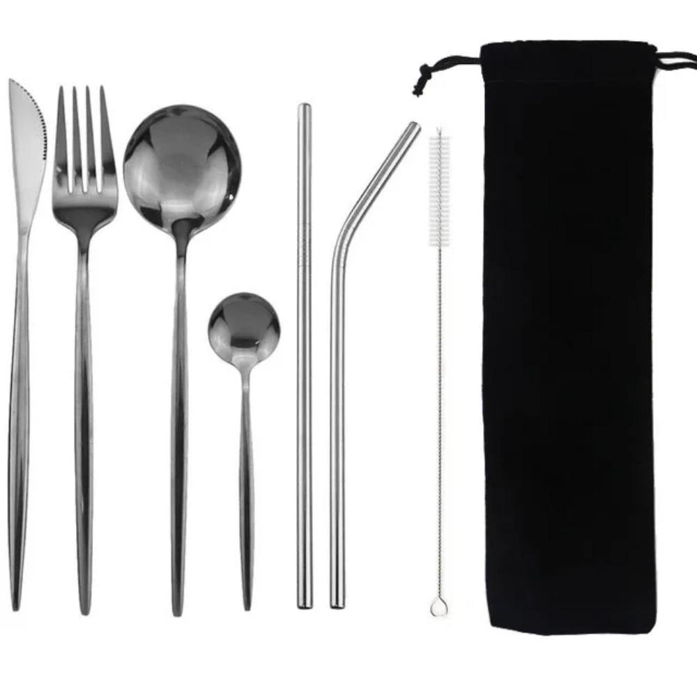 8Pcs/set Tableware Reusable Travel Cutlery Set Camp Utensils Set with Stainless Steel Spoon Fork Chopsticks Straw Portable Case