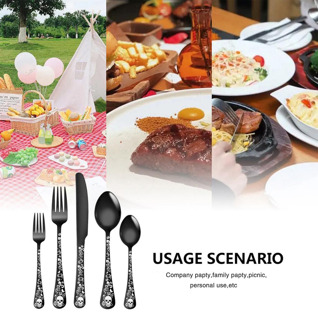 5-teiliges Besteckset Geschirr Edelstahl Gotisch Löffel Gabel Messer Halloween Totenkopfmuster Essgeschirr Westliches Besteckset