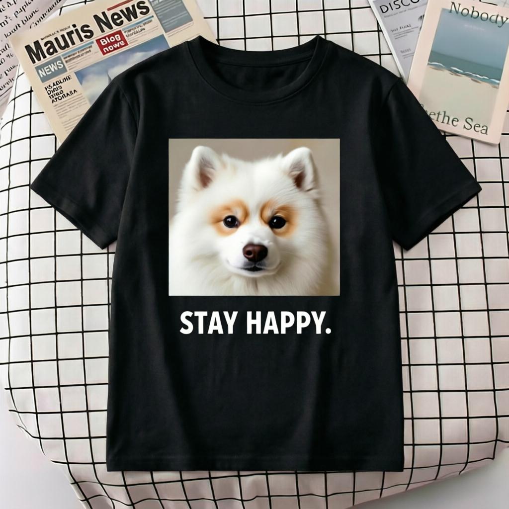 Funny Dog Stay Happy Positive Quote TShirt Unisex Women Casual Loose Summer Streetwear Tee M