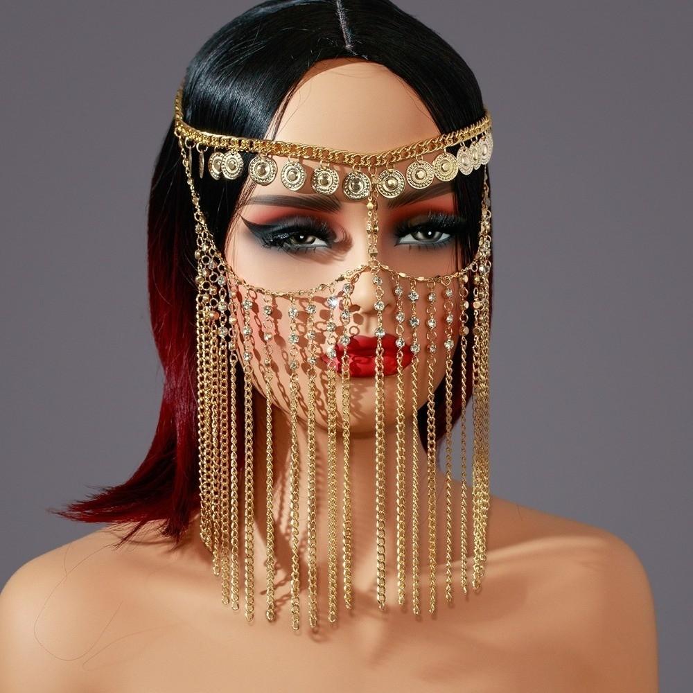 Rhinestone Curtain Head Chain Coin Bell Masquerade Mask Fashion Belly Dance Face Veil Middle East