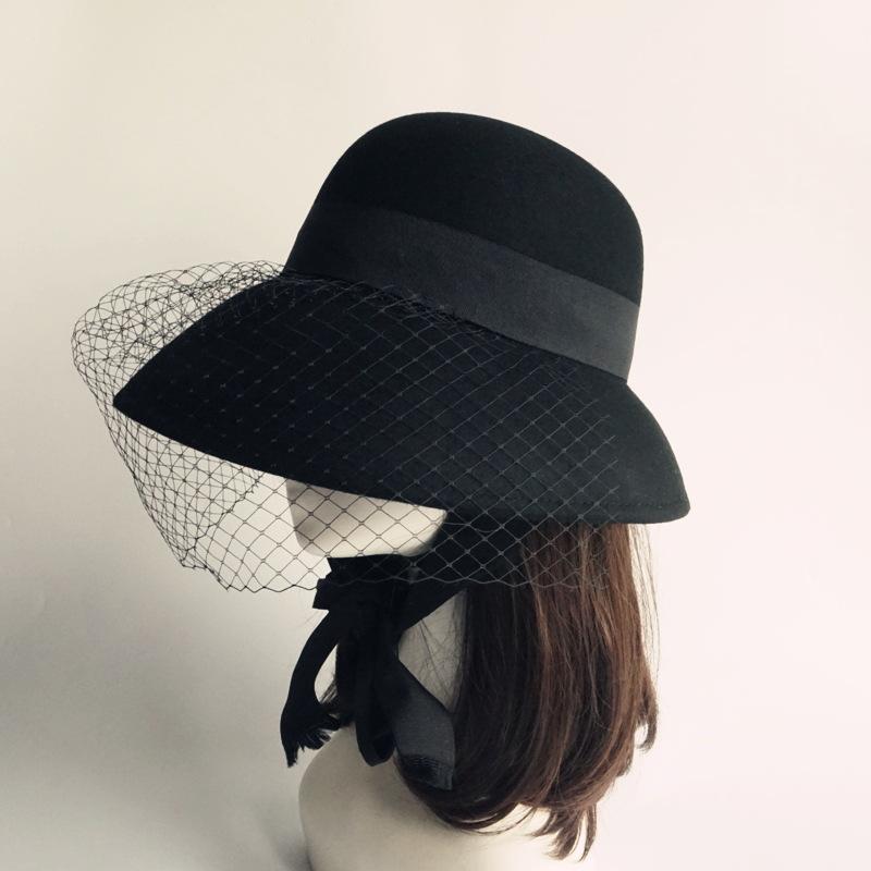 French Retro Mesh Black Woolen Woolen Basin Hat Women'S Autumn And Winter Hepburn Elegant British Versatile Fisherman Top Hat Foreign Trade