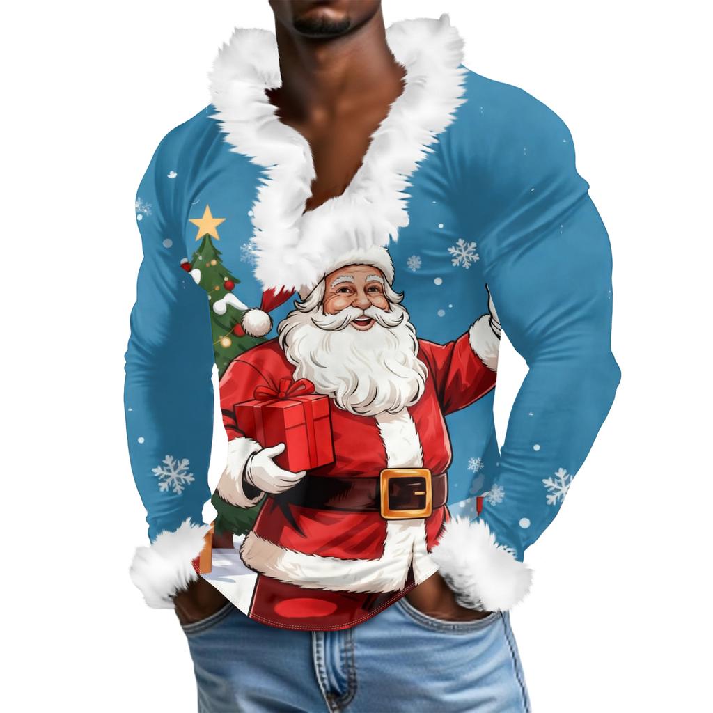 Herren Lässiges Weihnachten Bedrucktes Plüsch V-Ausschnitt und Fleece Langarm-Sweatshirt