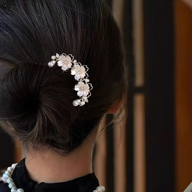 Perle Blume Wellenförmige Haarstäbe Frauen Elegant Waldstil U-förmige Haarnadel Hochwertiges Metall Dutt Kopf Haarspange Schmuck Accessoires