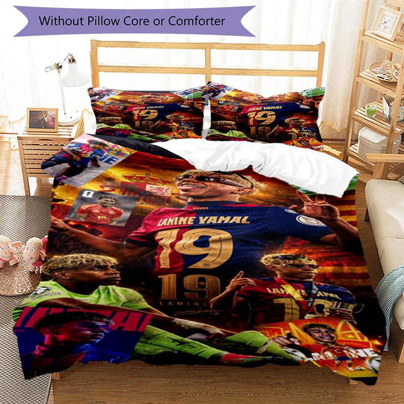 Lamine Yamal Football Graphic Bedding Set,Cozy Bed Linen for Teen Boys Bedroom Decoration,Perfect Birthday Gift,Washable Duvet Cover with Pillowcases,