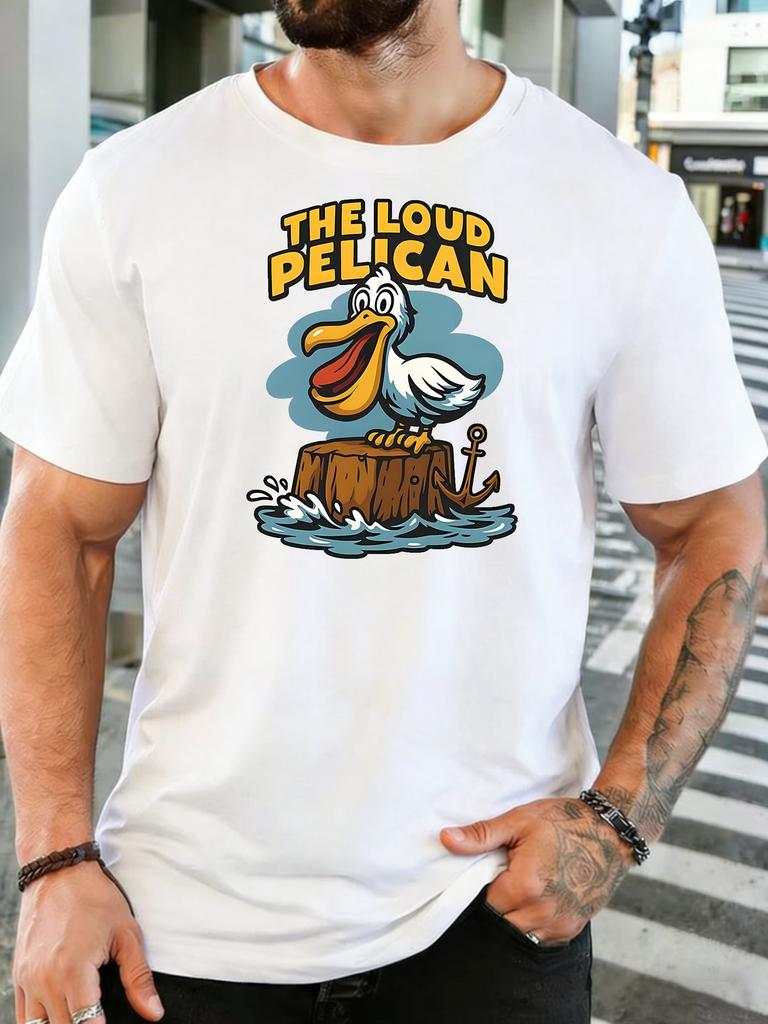Unisex Olive Green Crew Neck Tee The Loud Pelican Cartoon Bird Stump Anchor Wave Retro Coastal Bird Lover Soft Cotton Casual Top