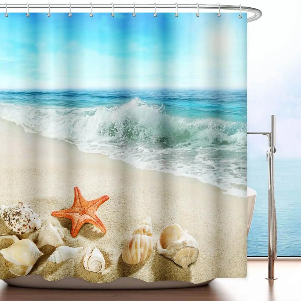 Starfish Beach Shower Curtains 3D Seashell Ocean Theme Waterproof Polyester Fabric Bathroom Decor with Hooks Bathtub Curtains