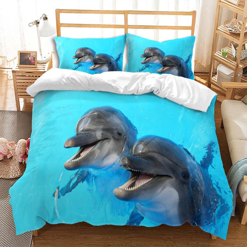 Comforter Dolphin Cute Jumping Dolphins Bedding Set Microfiber Marine Animals Comforter With 2 Pillow Sham Twin King