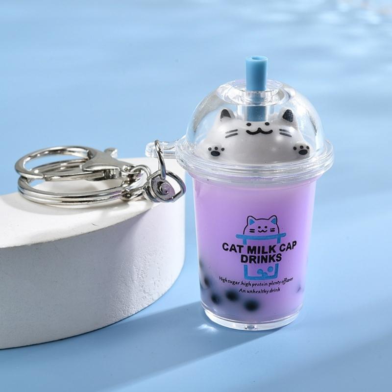Přívěsek kočka Bubble Tea Kreslený Mléčný Čaj Přívěsky Klíčenky Módní akrylové kroužky na klíče Šperky na batohy a telefon