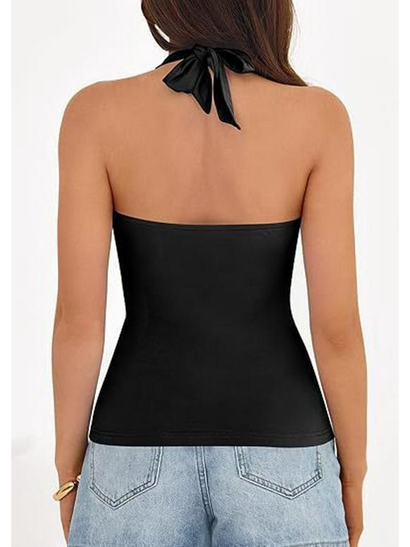European & American Women's Sleeveless V-neck Halter Backless Top - Solid Color, Sexy Summer Style
